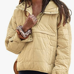 Light brown oversized hooded pullover jacket with button front and chest pockets
