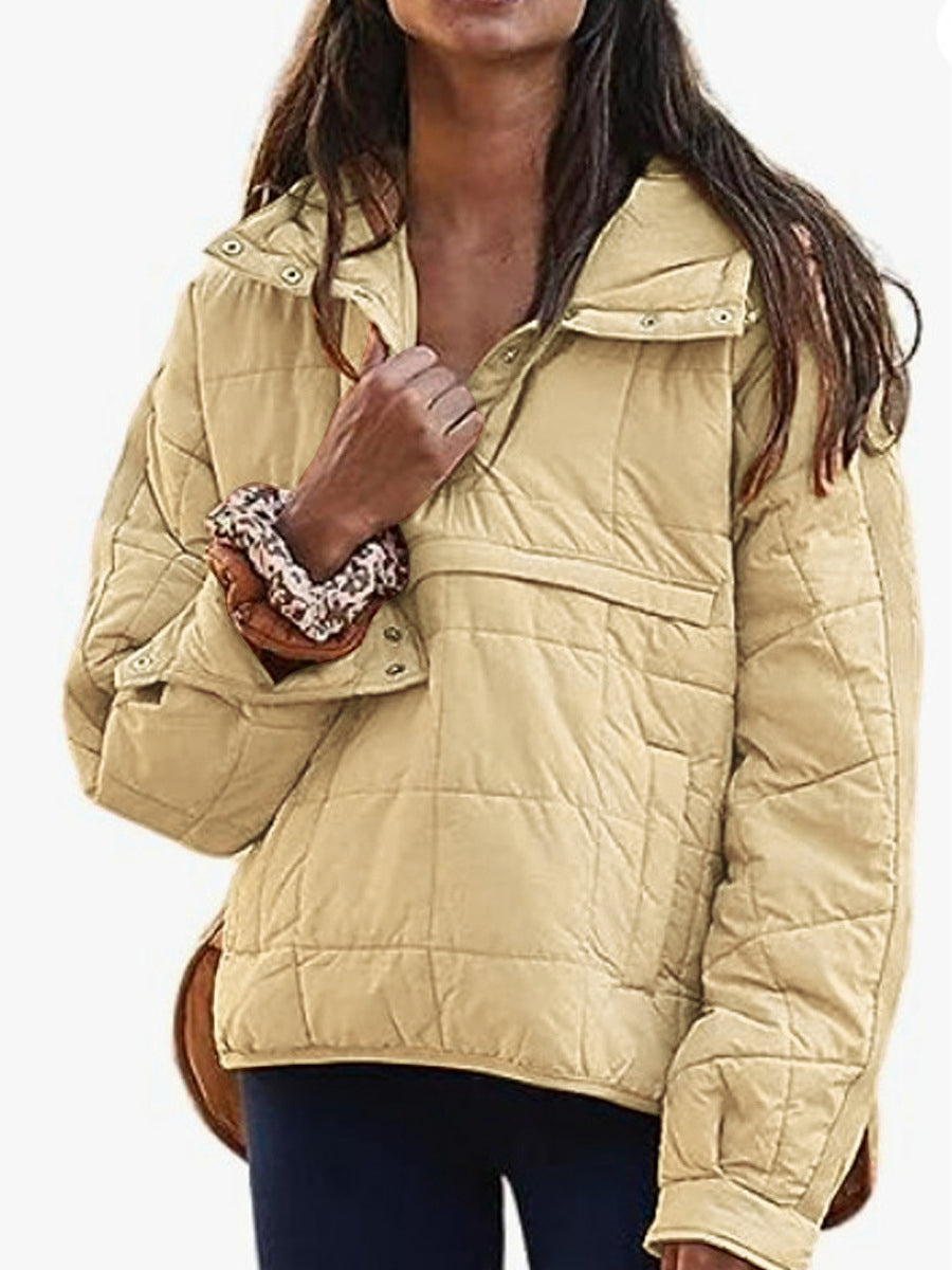 Light brown oversized hooded pullover jacket with button front and chest pockets