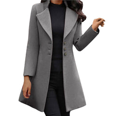 Women’s long grey coat with wide lapels and button front