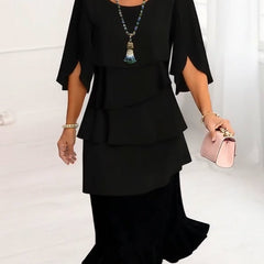 Black ruffle tier midi dress with short sleeves and layered skirt hem