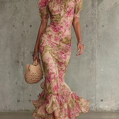 Pink rose floral print maxi dress, short puff sleeves, gathered ruffle hem