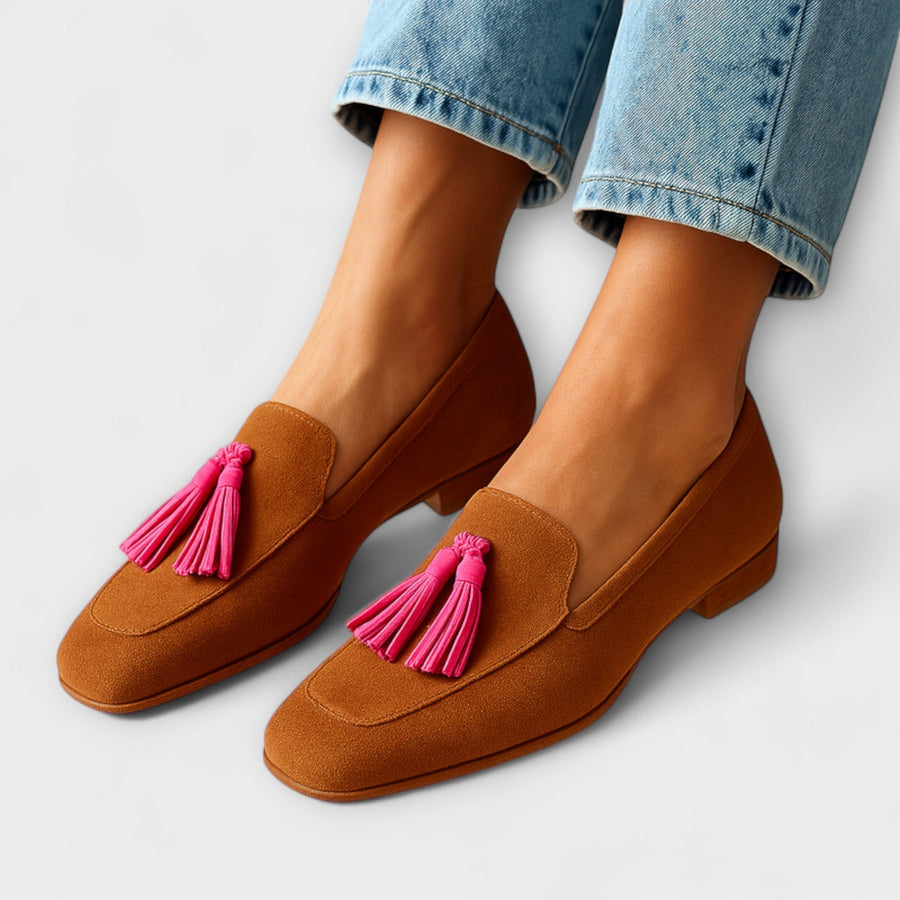 Brown suede easy slip-on loafers with pink tassel detail