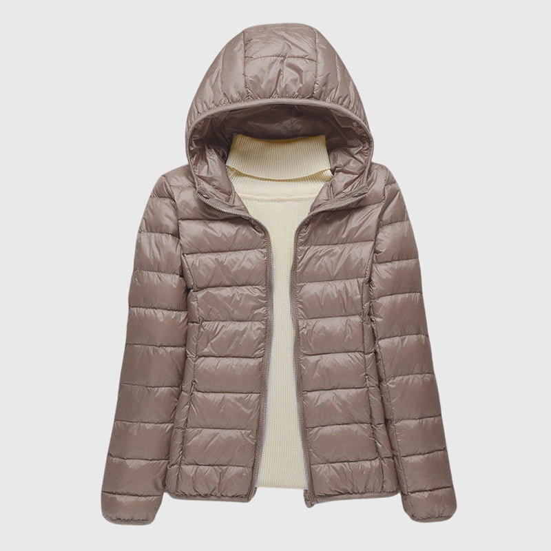 Ultra-light quilted hooded jacket with full-zip front, taupe color, side pockets