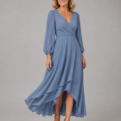 Blue V-neck long dress with puff sleeves and tiered asymmetrical hem