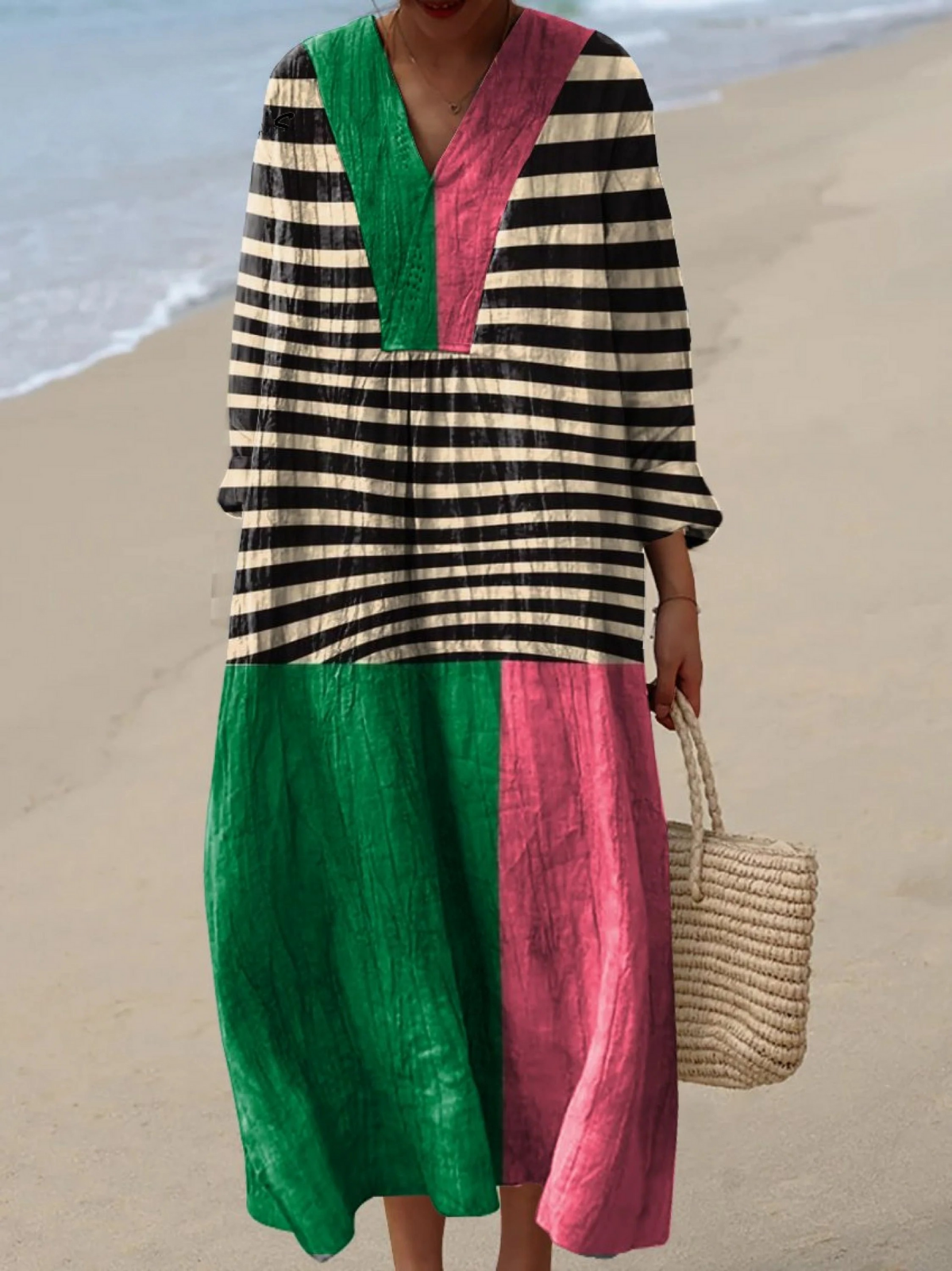 Boho maxi dress with V-neck, striped sleeves, green and pink colorblock panels