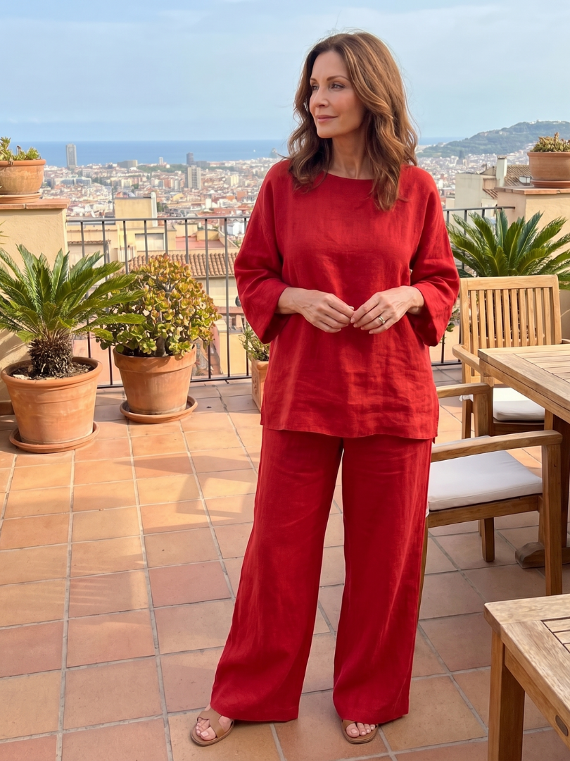 Red oversized tunic and wide-leg pants set, standing full-length view