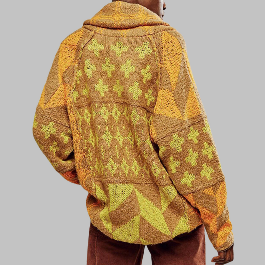PORTIA mustard yellow oversized knit cardigan with patterned jacquard and high collar