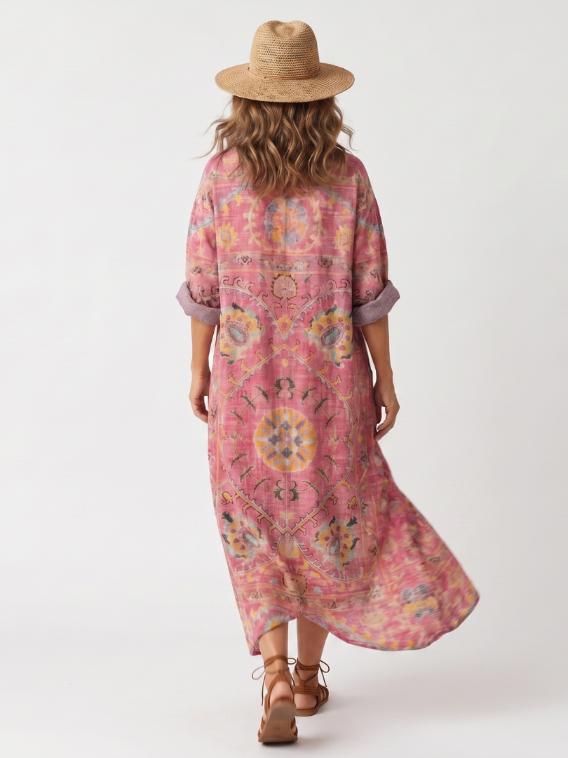 Pink abstract print midi dress back view with short sleeves and midi hem
