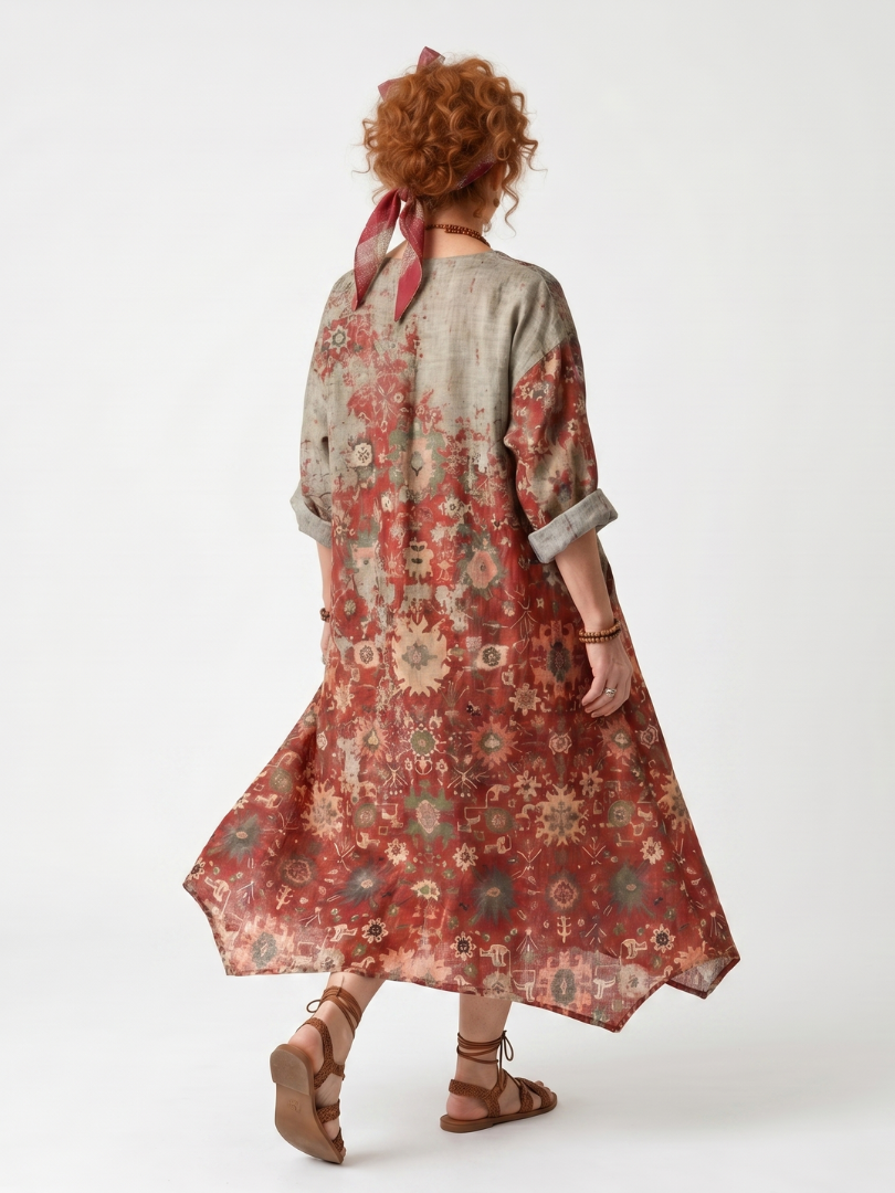 Women's mixed-print midi dress, back view, red and beige floral pattern