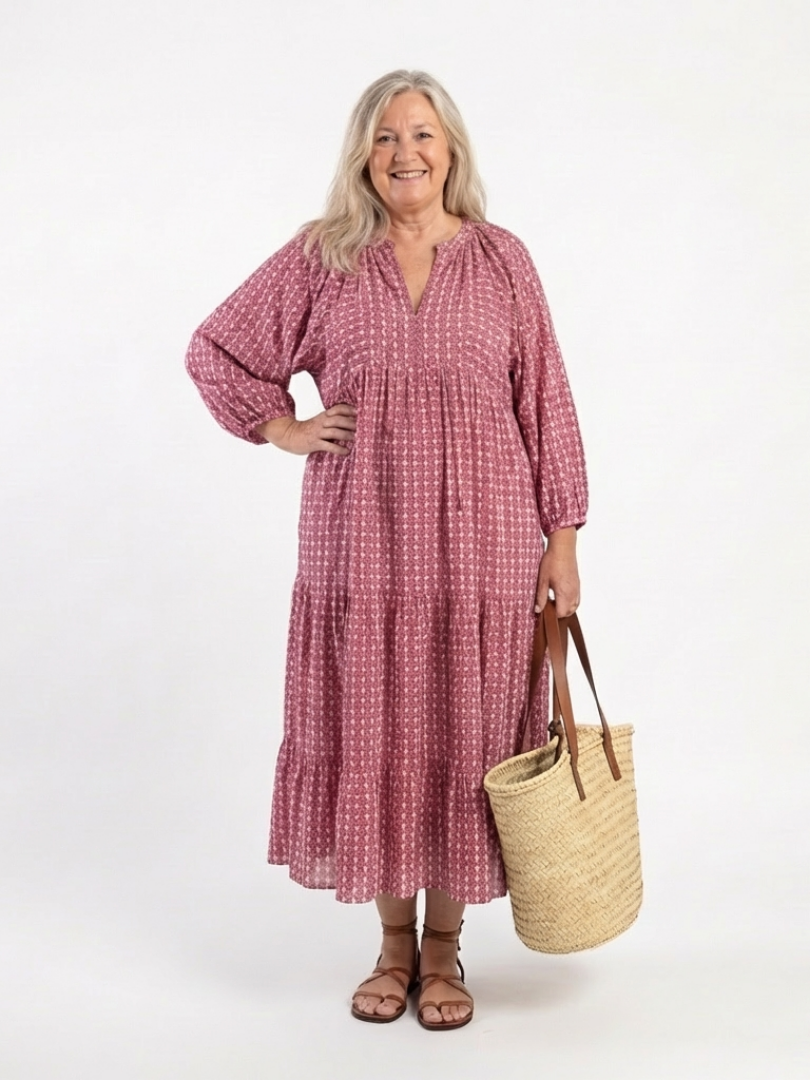 Geometric print dusty rose long-sleeve midi dress with buttoned V-neck and pockets