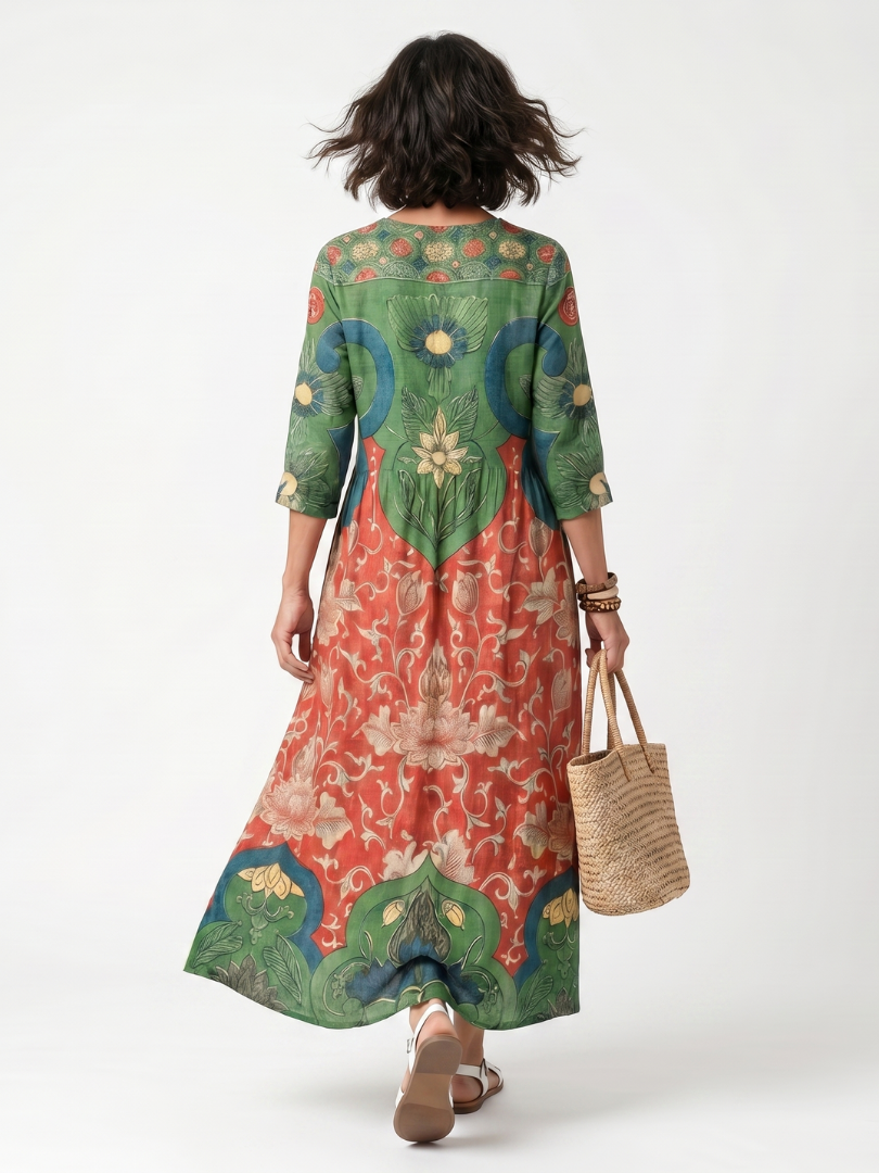 Back view of multicolor botanical print midi dress with V-neck and 3/4 sleeves