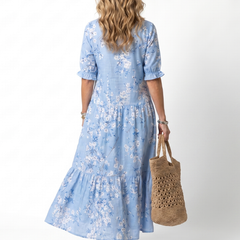 Blue floral midi dress back view with short puff sleeves and tiered skirt