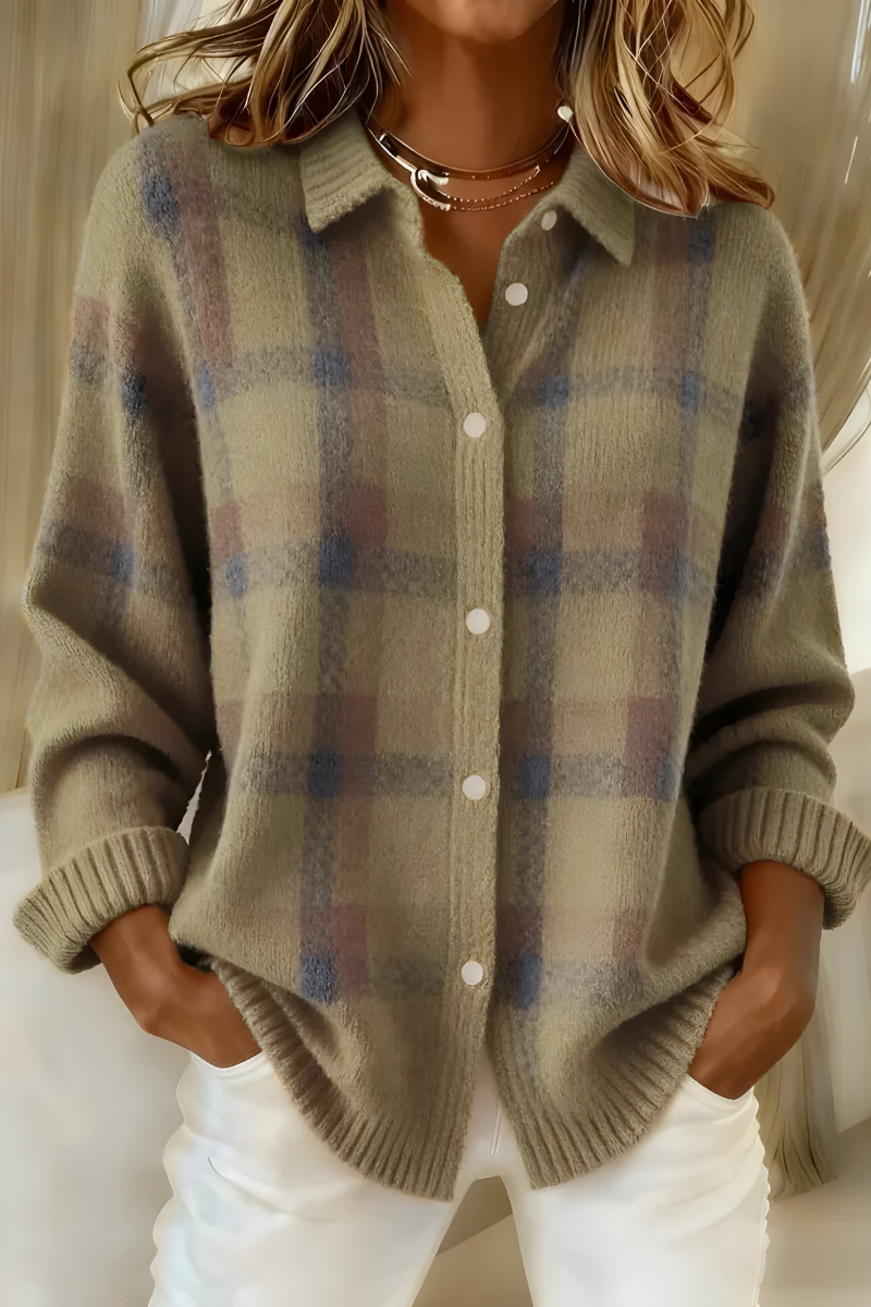 Olive plaid knit cardigan with button front, collared V-neck, long sleeves
