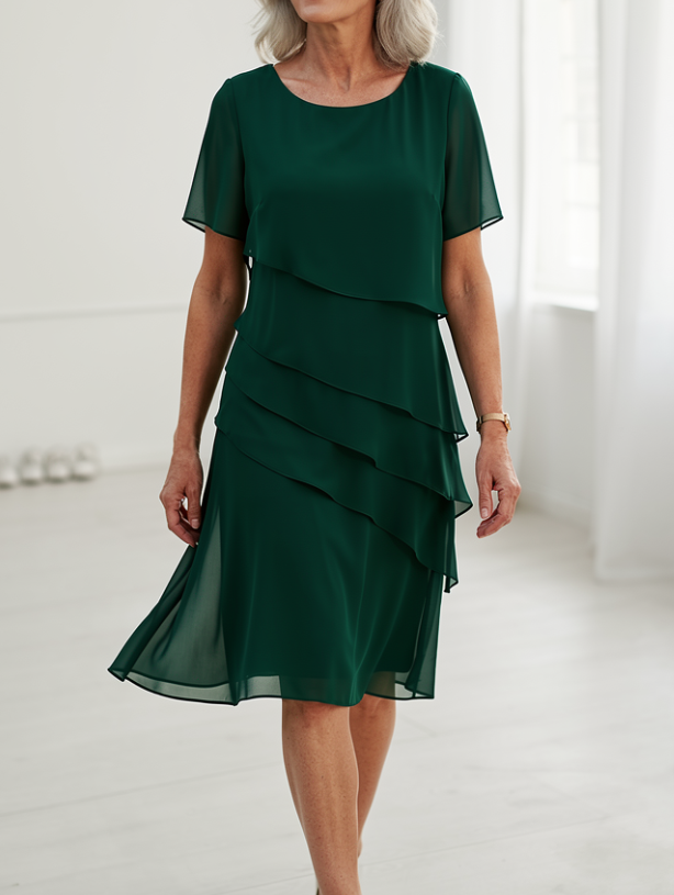 Green ruffle dress with layered tiers, short sleeves, chiffon look, knee length