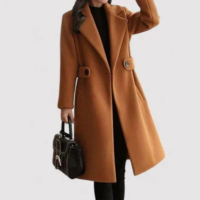 Brown classic belted coat with notched lapels and two-button closure, long sleeves.