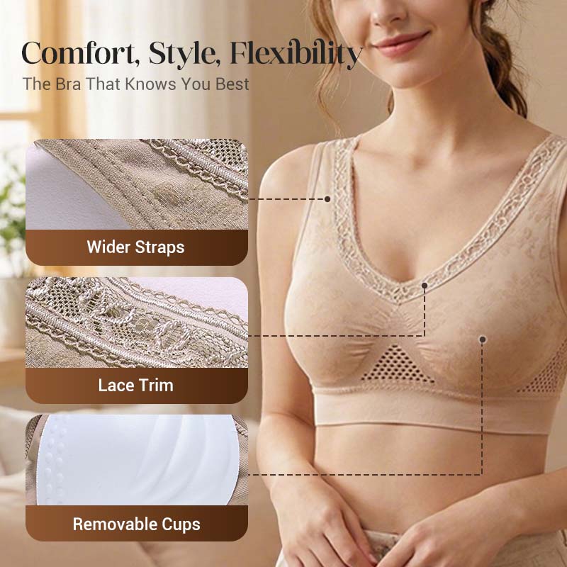 Nude seamless lace support bra with wide straps and scalloped V neckline