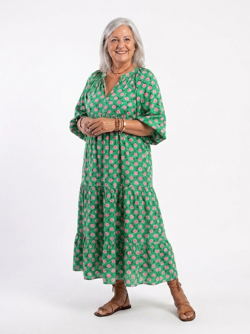 Dark green floral print V-neck tiered midi dress with three-tier skirt and 3/4 sleeves