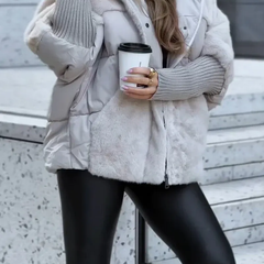 Light grey plush hooded jacket with zip front, faux-fur hood, and ribbed cuffs
