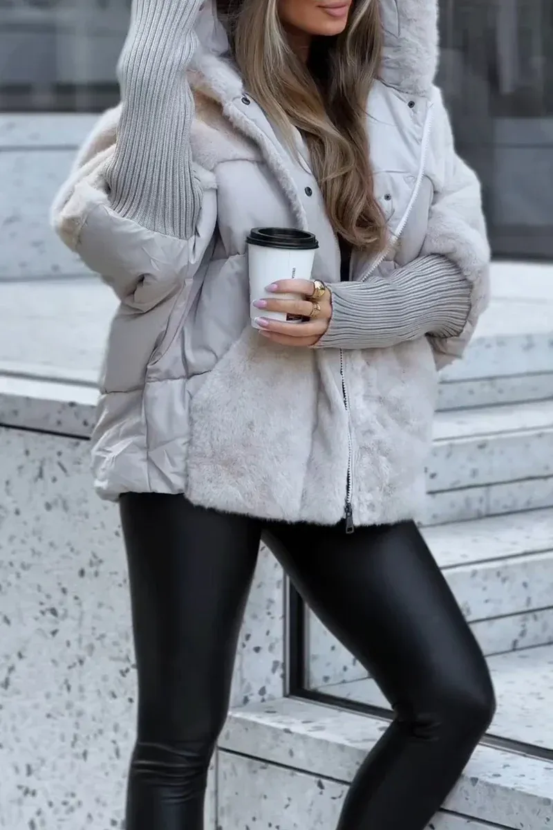 Light grey plush hooded jacket with zip front, faux-fur hood, and ribbed cuffs