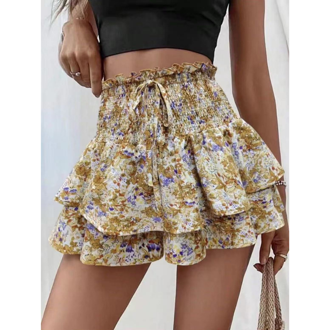Camel floral tiered skort with shirred elastic waistband and fluttery layered ruffle hem