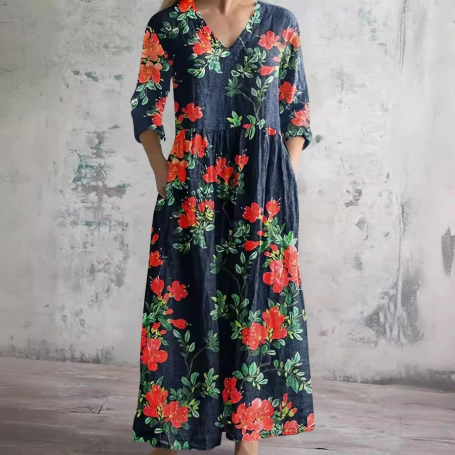 Black floral summer dress with V-neck and 3/4 sleeves, gathered maxi skirt