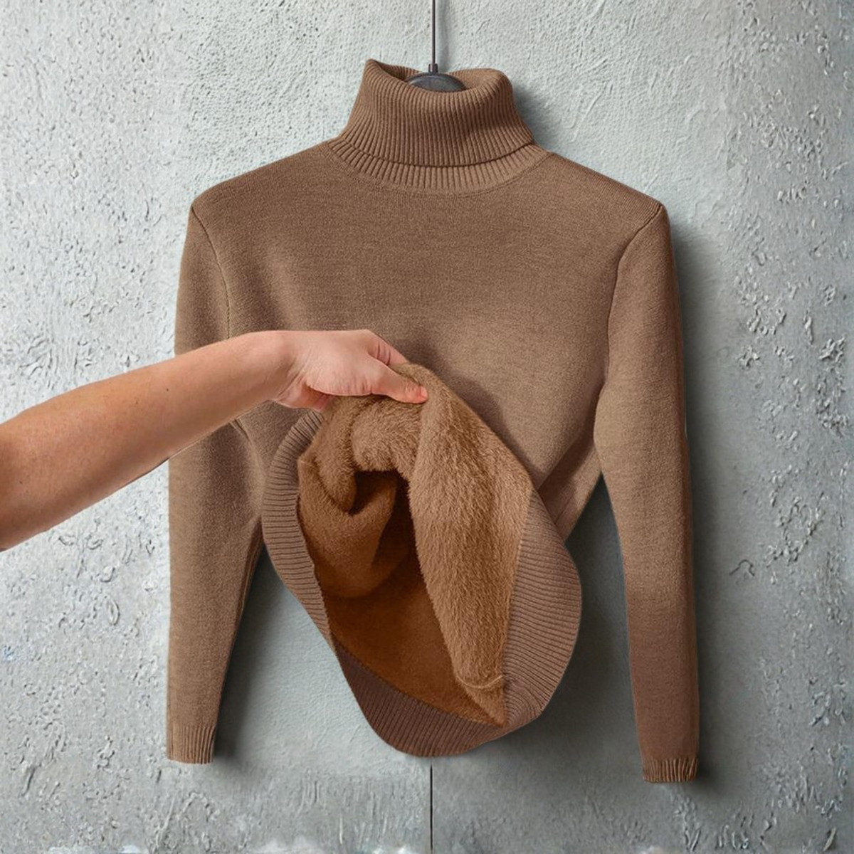 Dark brown turtleneck long-sleeve sweater with ribbed collar; folded scarf draped on front