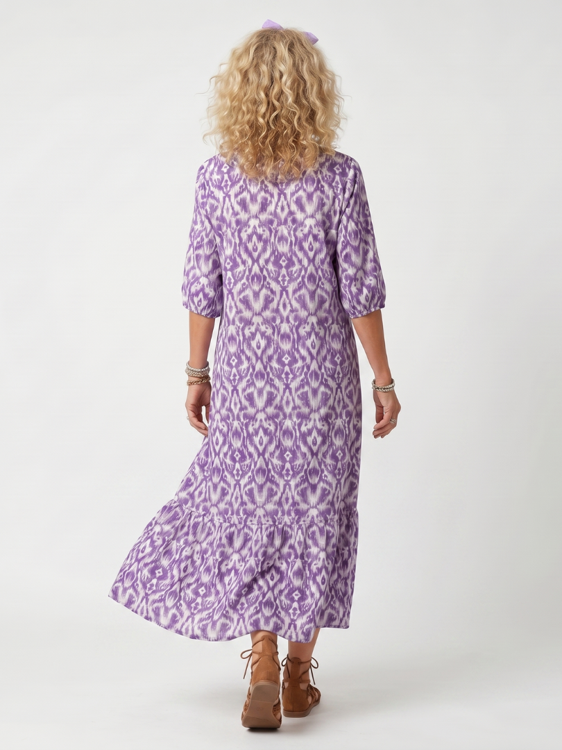 Purple printed midi dress with V-neck, tassel tie, back view, three-quarter sleeves