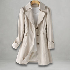 Light beige trench coat with notched lapels, double-breasted buttons, and chest flap pockets