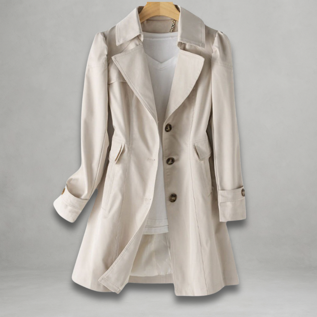 Light beige trench coat with notched lapels, double-breasted buttons, and chest flap pockets