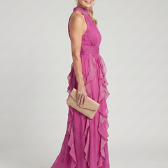 Pink high-neck ruffle maxi dress, sleeveless halter with layered skirt