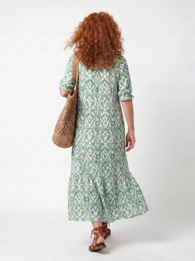 Green patterned V-neck tie midi dress, back view, short puff sleeves