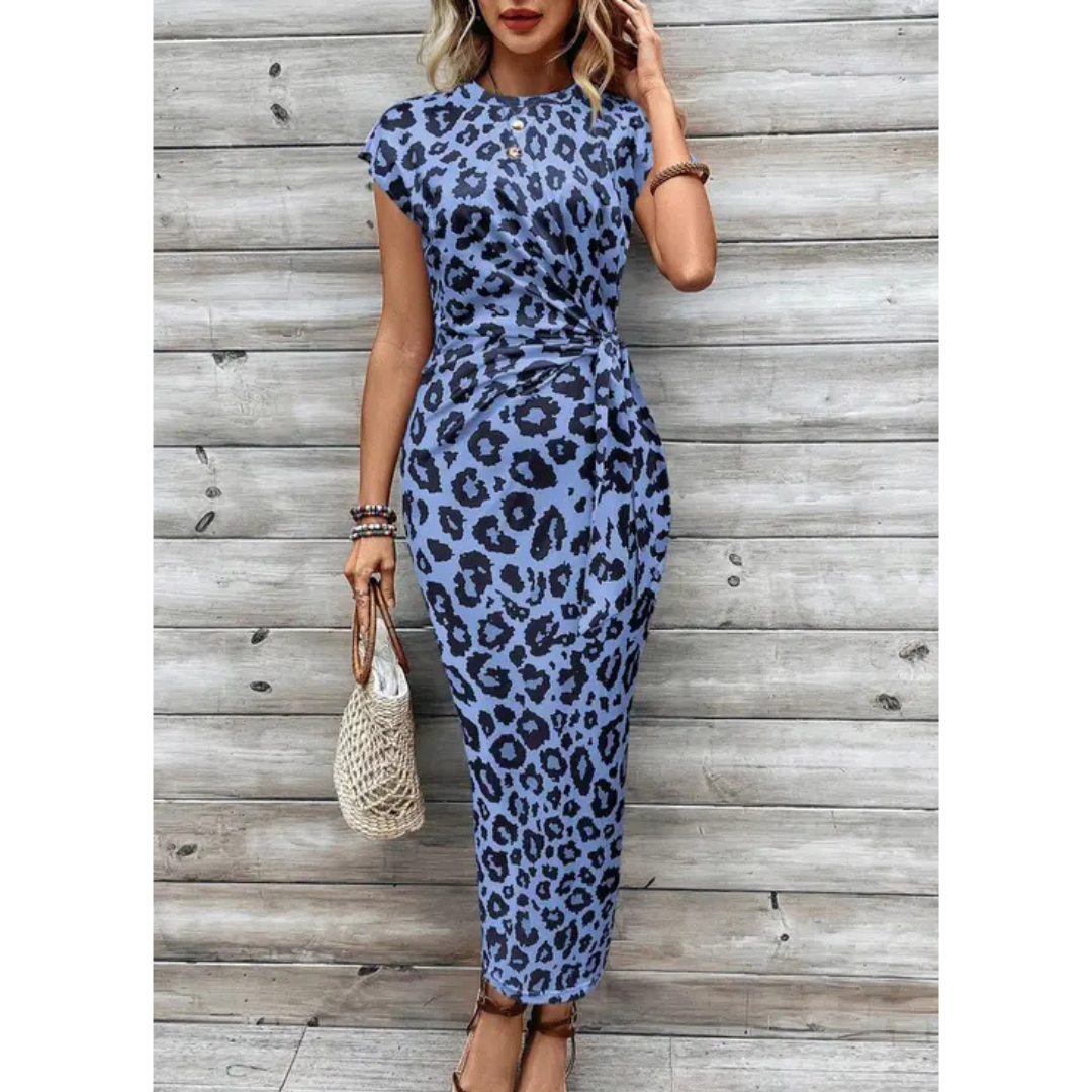 Leopard print bodycon midi dress with crew neck flutter sleeves, blue with dark spots.