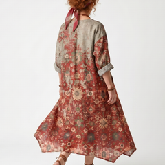 Multicolor floral relaxed midi dress, back view with V-neckline and wide skirt