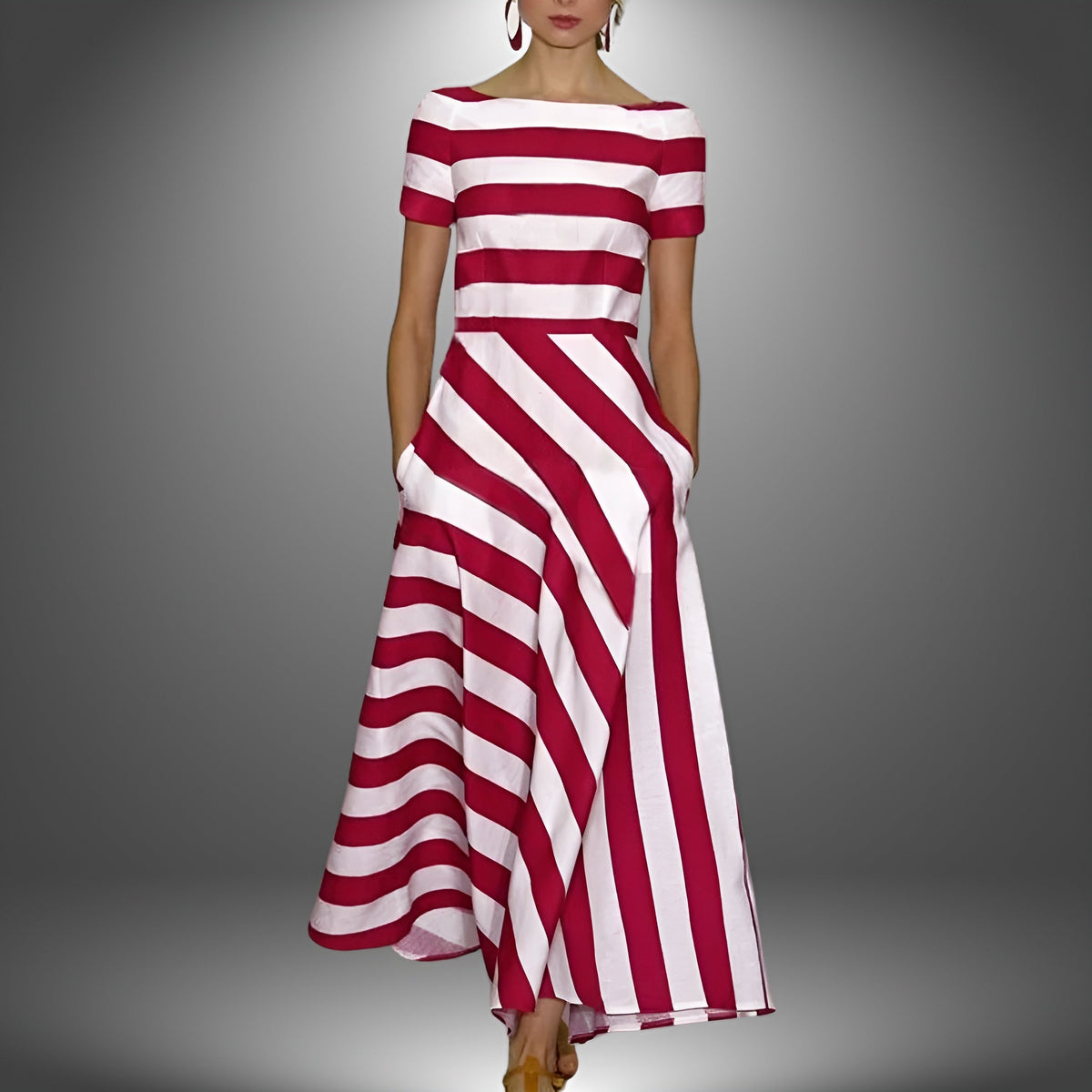 Red-and-white striped midi dress with short sleeves and flared skirt