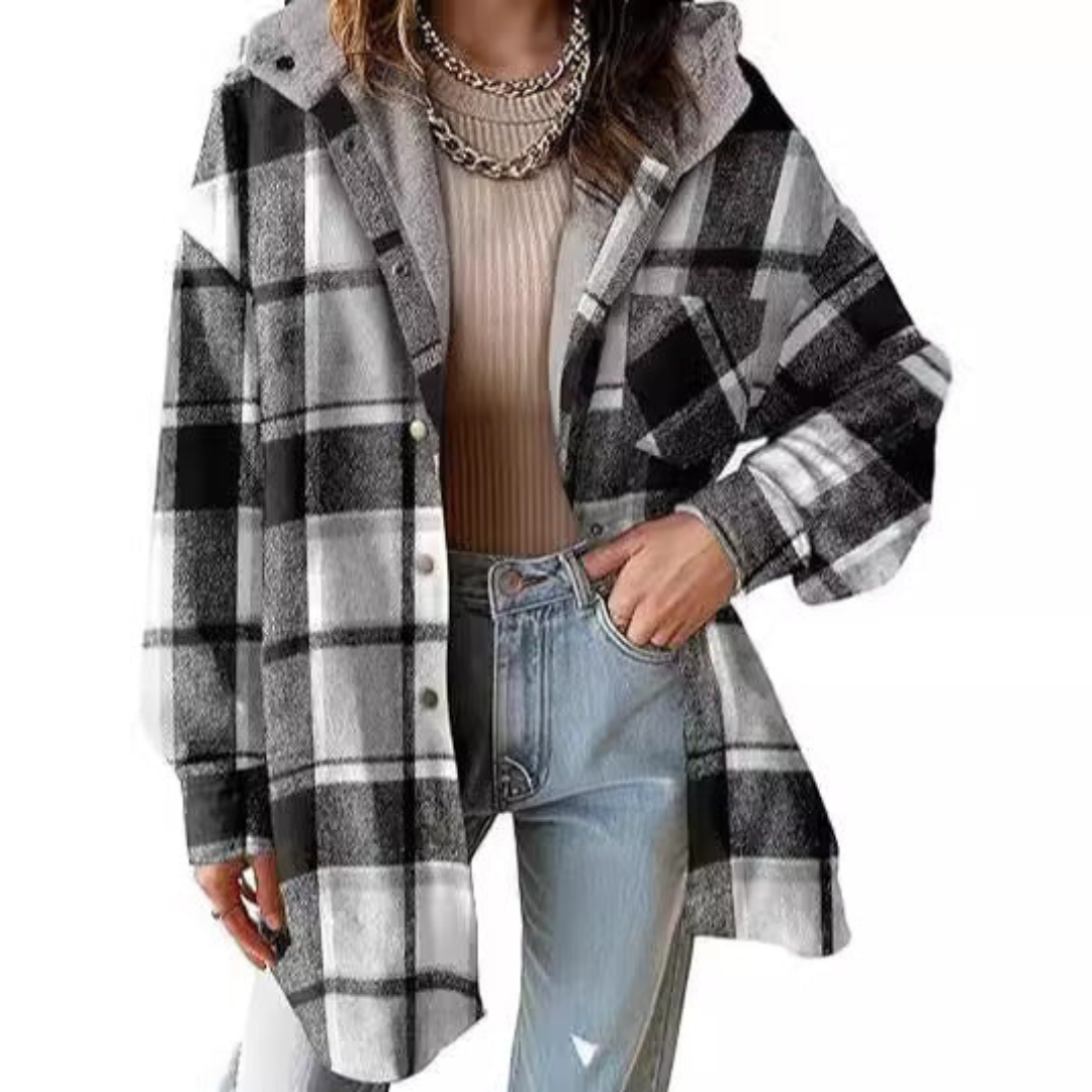 Relaxed-fit hooded plaid jacket in black and white with button front
