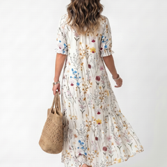 White botanical print midi dress back view with puff sleeves and tied neckline