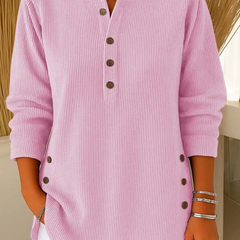 Soft pink button henley tunic with long sleeves and button-front placket