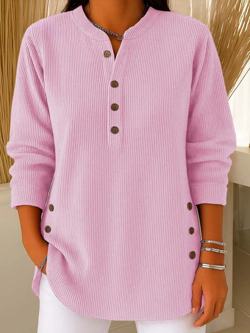 Soft pink button henley tunic with long sleeves and button-front placket