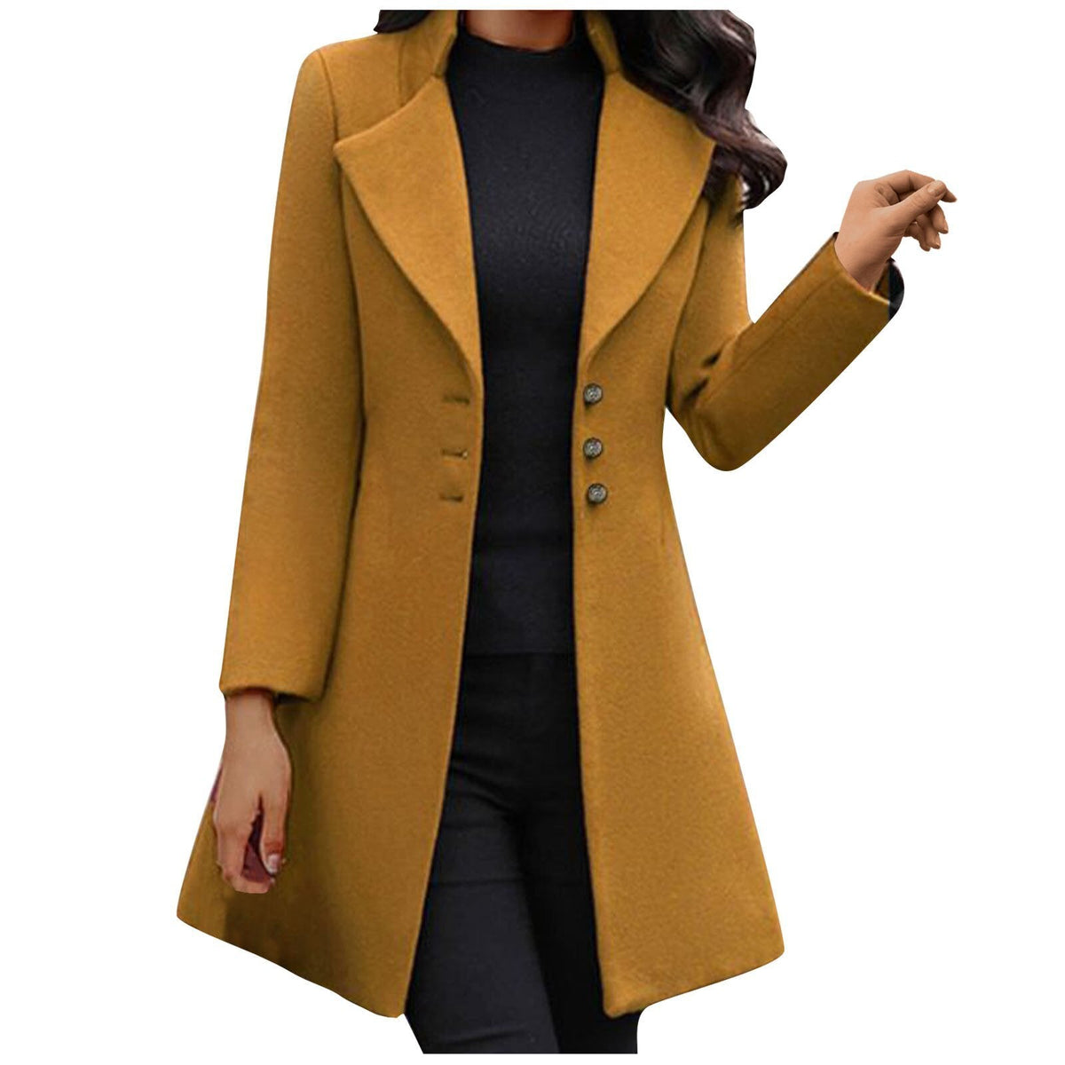 Women’s long camel-brown coat with notched lapels and button front