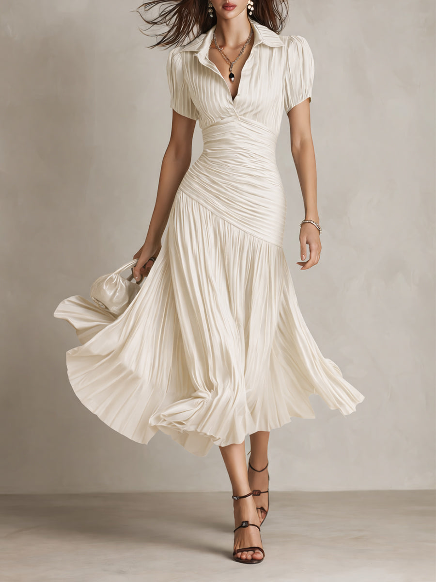 White striped satin midi dress with V-neck, gathered ruched waist, short sleeves, flared pleats.