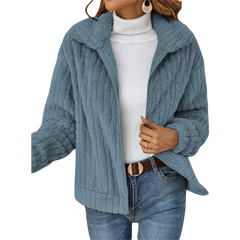 Teal-blue zip-up teddy fleece jacket with raised collar and full front zipper.