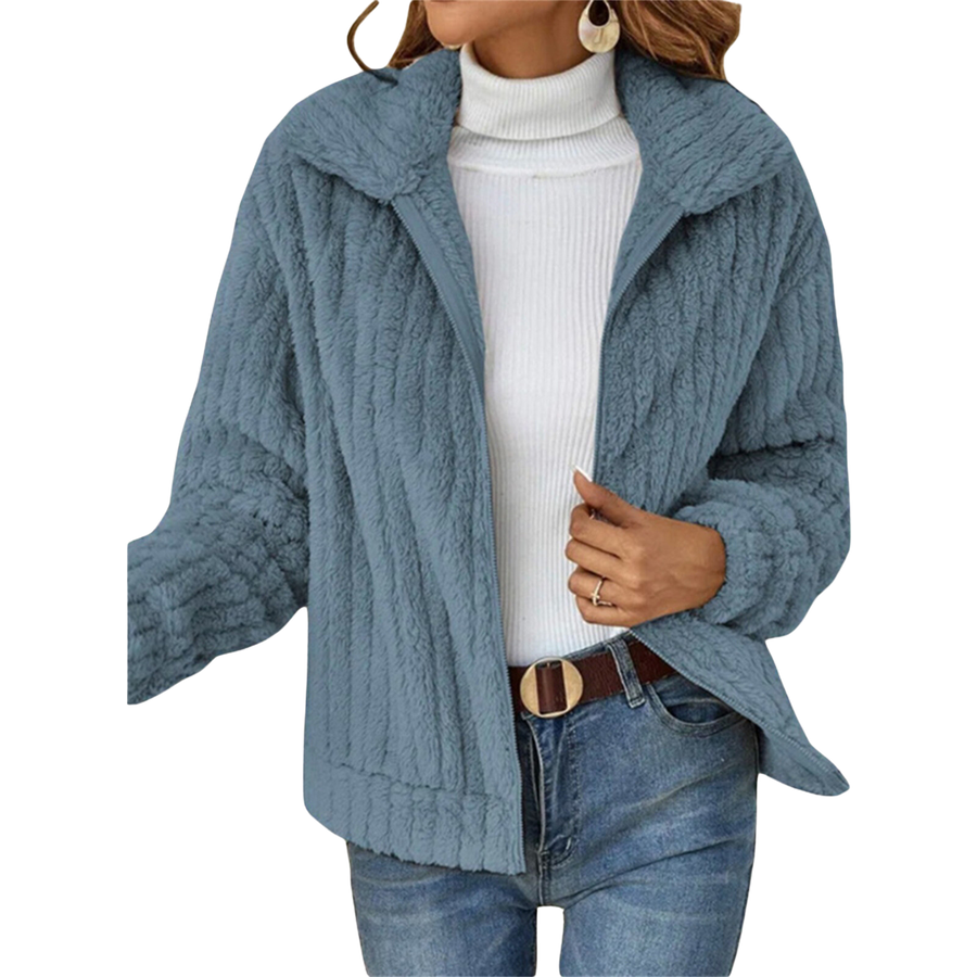 Teal-blue zip-up teddy fleece jacket with raised collar and full front zipper.