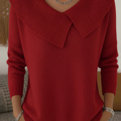 Warm sweater with soft collar, red knit with pointed folded shoulders