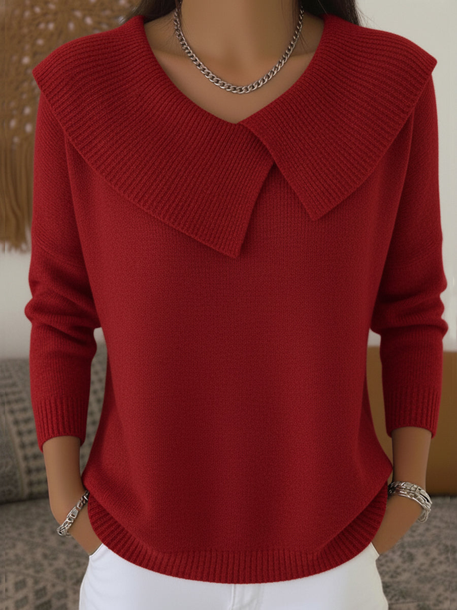 Warm sweater with soft collar, red knit with pointed folded shoulders