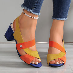Multi-color suede block-heel sandals with ankle strap and pearl bead ankle bracelet