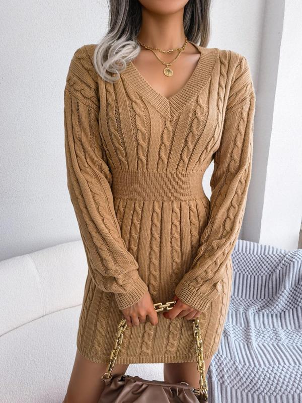 Khaki cable-knit sweater dress with V-neck and long sleeves, fitted knit hem