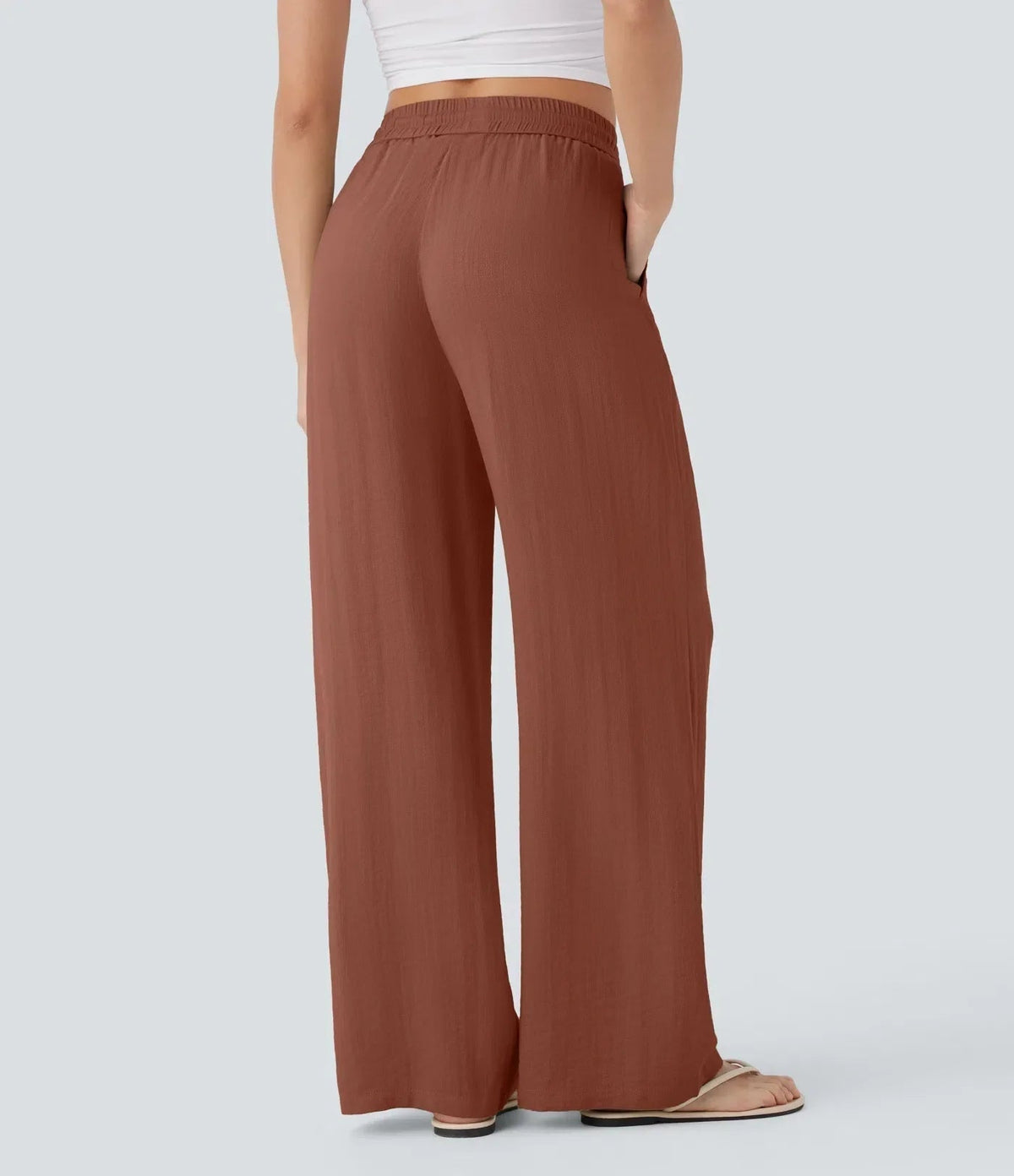 Rust wide-leg trousers with elastic waist, full length relaxed fit
