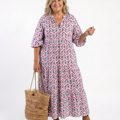 Geometric print tiered midi dress with V-neck and gathered skirt, lilac and teal