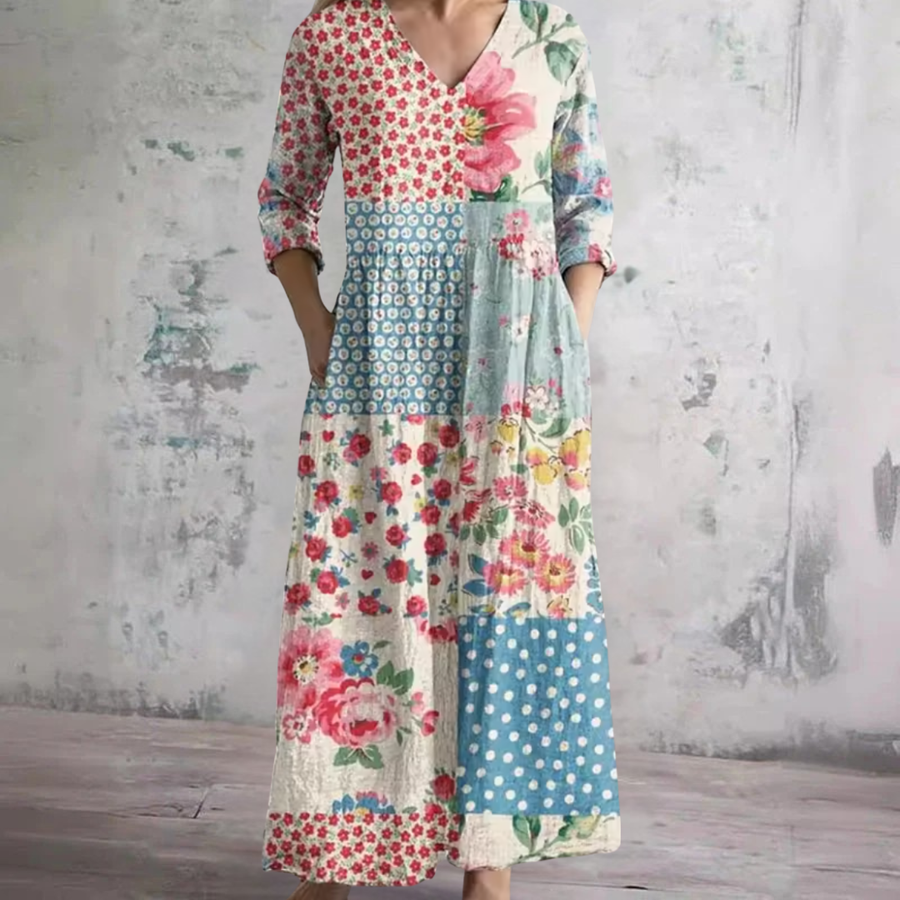 Patchwork floral summer dress with V-neck, long sleeves, multicolor panel design