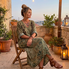 Green embroidered midi dress, seated side view, button-front and flowing asymmetrical hem